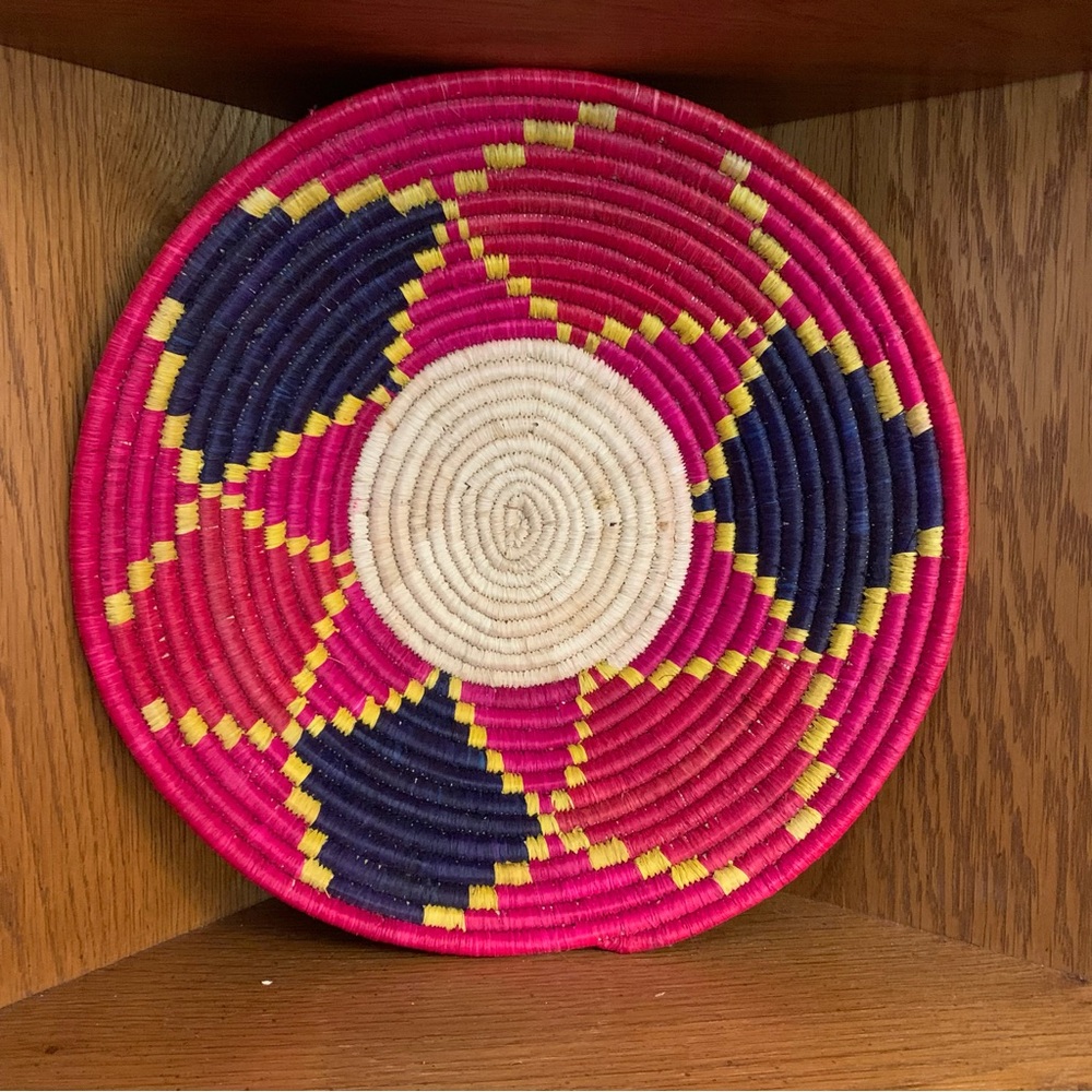 Hand Crafted East African  Uganda Pink and Navy Woven Basket